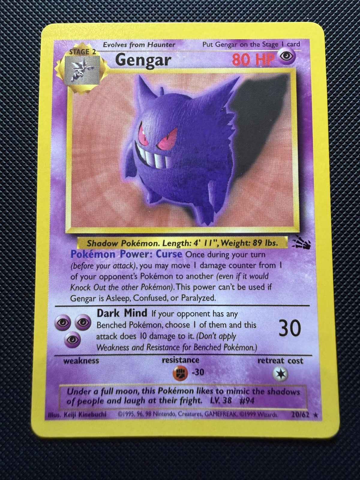 Pokemon Card - Gengar 20/62 Non Holo Rare - WOTC Fossil - LP+