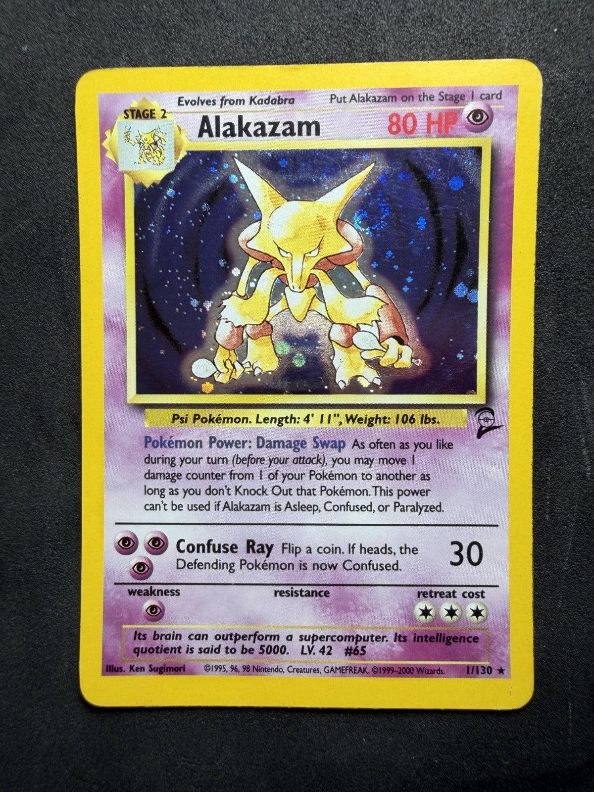 Alakazam - 1/130 - Pokemon Base Set 2 Holo Rare Card WOTC - & SWIRL - MP