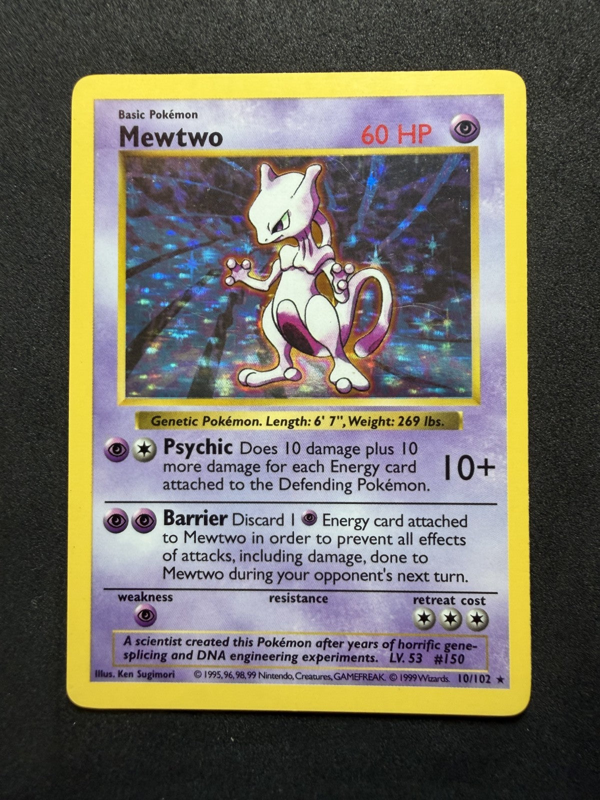 Mewtwo - 10/102 - Holo Rare (Shadowless) Base Set Pokemon - MP